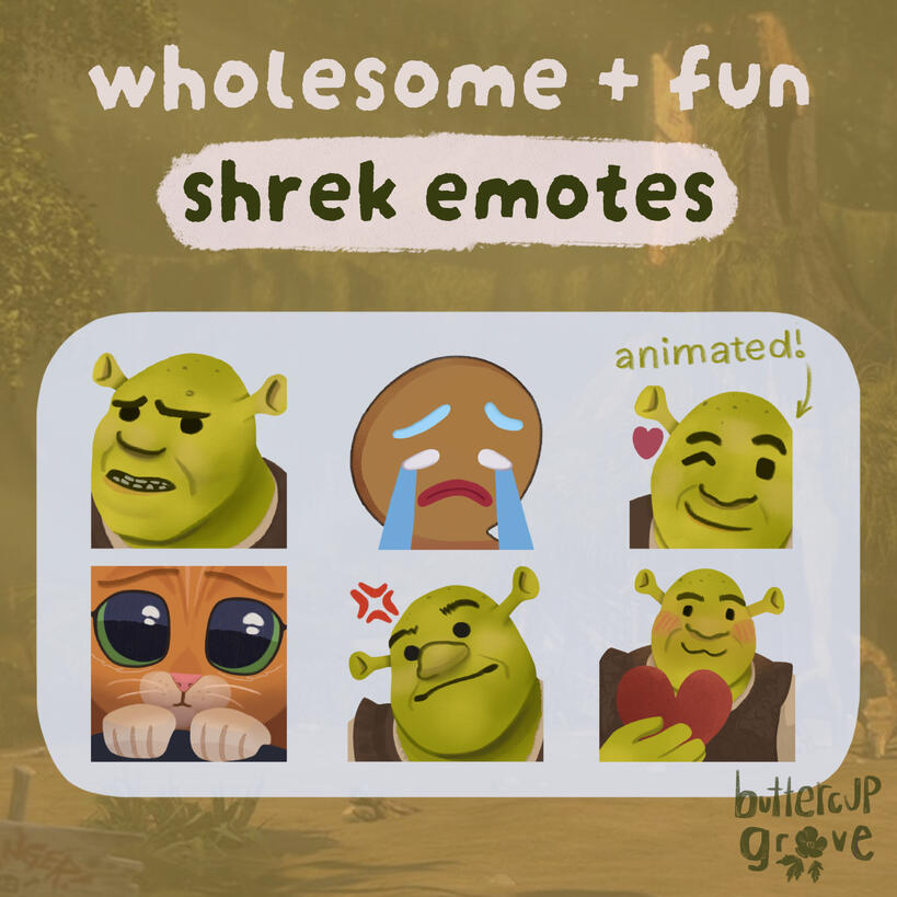 graphic showing 6 shrek emotes for sale over an orange background, showing shrek, gingey and puss in boots doing various emotions like crying and angry.