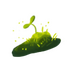 digital art of a simple blobby patch of dark bluey green moss, with yellow blades of grass, yellow floating particles, and a seedling popping out of the top.