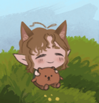 digital art of a chibi stylised character, white skin light brown hair and cat ears, cuddling a round teddy bear in a field of grass and smiling with eyes closed.