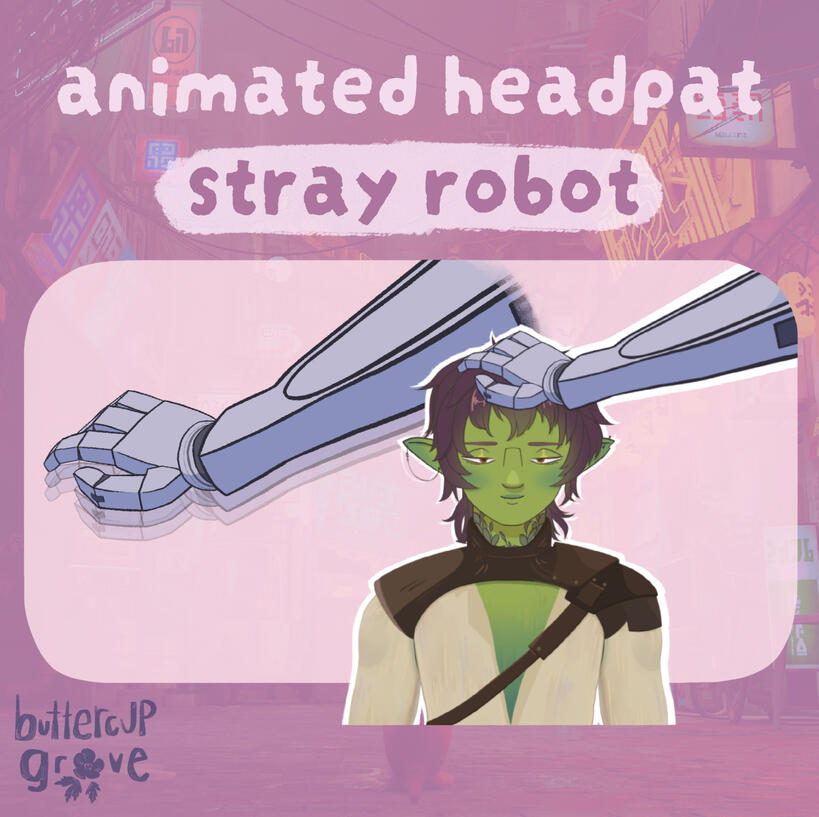 graphic showing an animated robot headpat asset for sale, based on the robots from the video game stray.